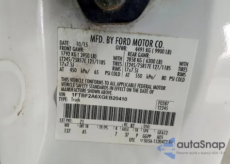 2016 Ford F250 Super Duty z USA, uszkodzony, nr VIN 1FTBF2A6XGEB20410